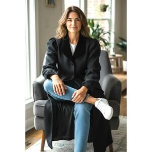 Vintage Laura Ashley Black Wool Velvet-Trim Dress / Duster – Made in UK | Size 8